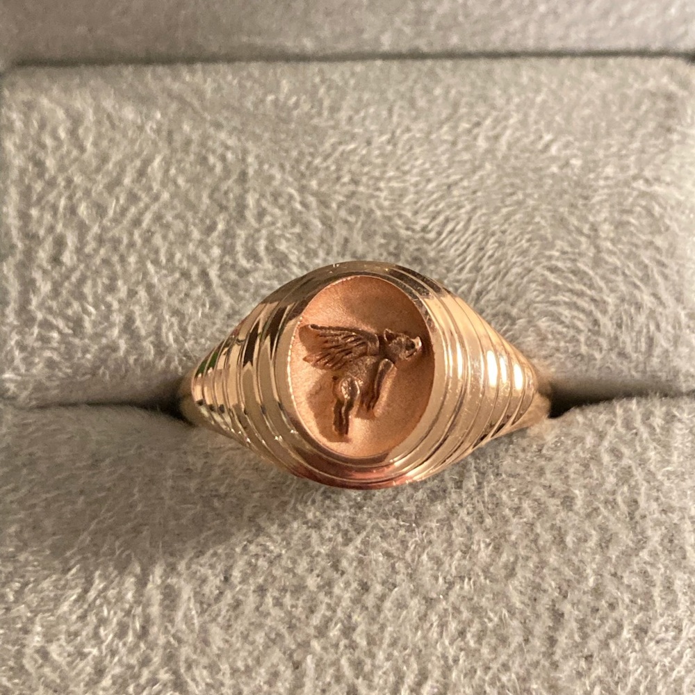 Ultra Rare 14k ROSE Gold Retrouvai Tiered Signet Ring! Flying pig, Sz 7.5, $1370